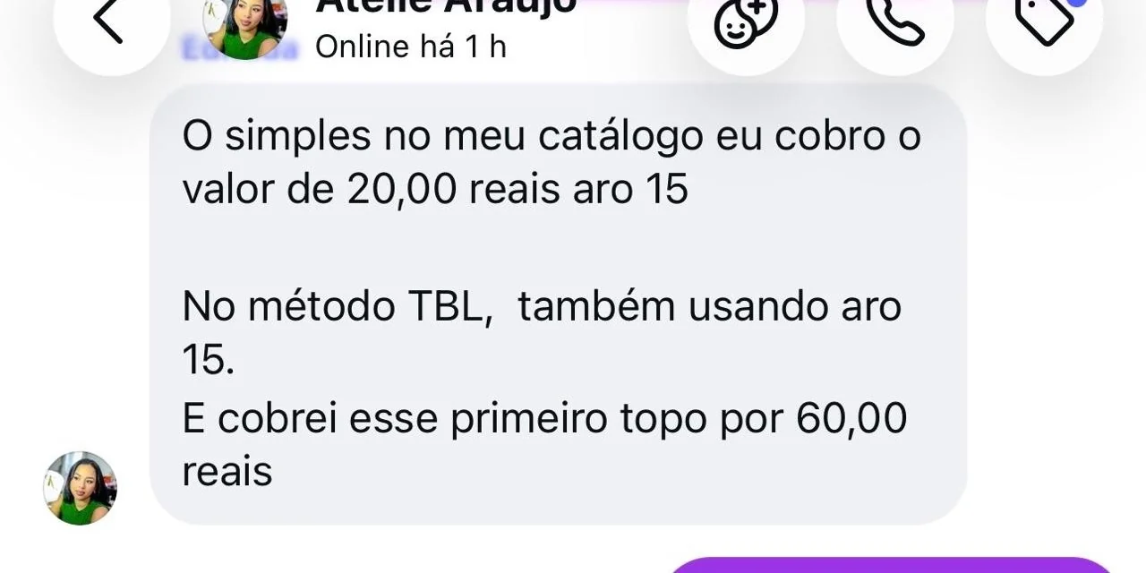 Cobrava R$20 no topo simples. Depois do TBL, cobrei R$60 no mesmo aro